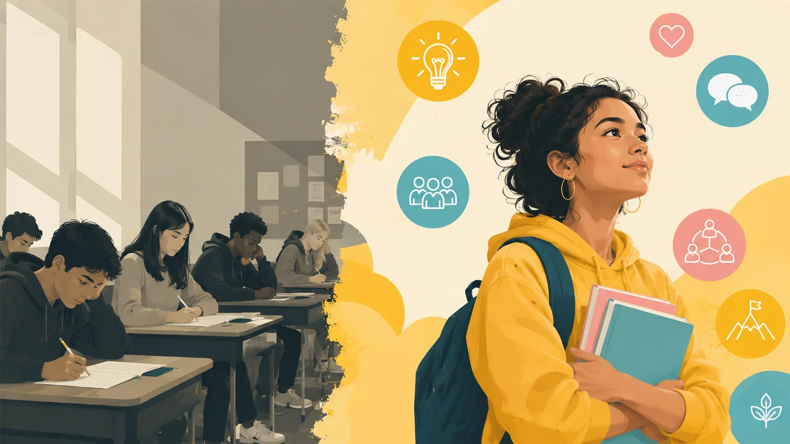 Illustration contrasting a greyed-out classroom of students filling in a written test with a student in colour surrounded by icons for ideas, communication and collaboration